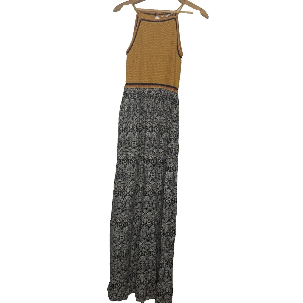 THML Crochet Top Maxi Dress XS Mustard Boho Festival Sleeveless Rayon Skirt
